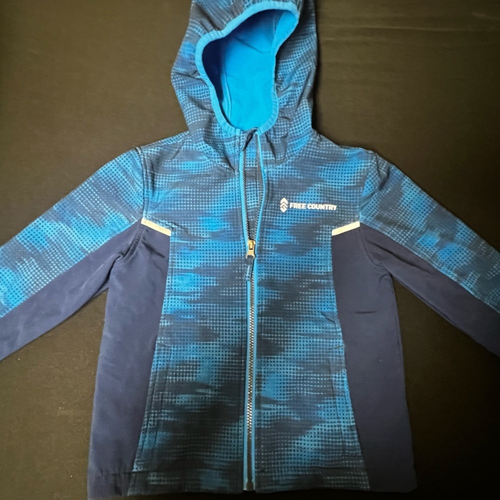 FREE COUNTRY VIBRANT BLUE PATTERNED HOODED JACKET. BOYS 5-6  POLYESTER